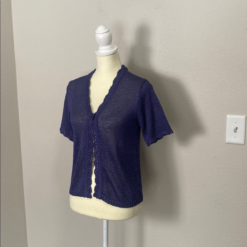 Vintage Sag Harbor Petite Purple Open Knit Crochet Cardigan Short Sleeve Cottage - Picture 9 of 12